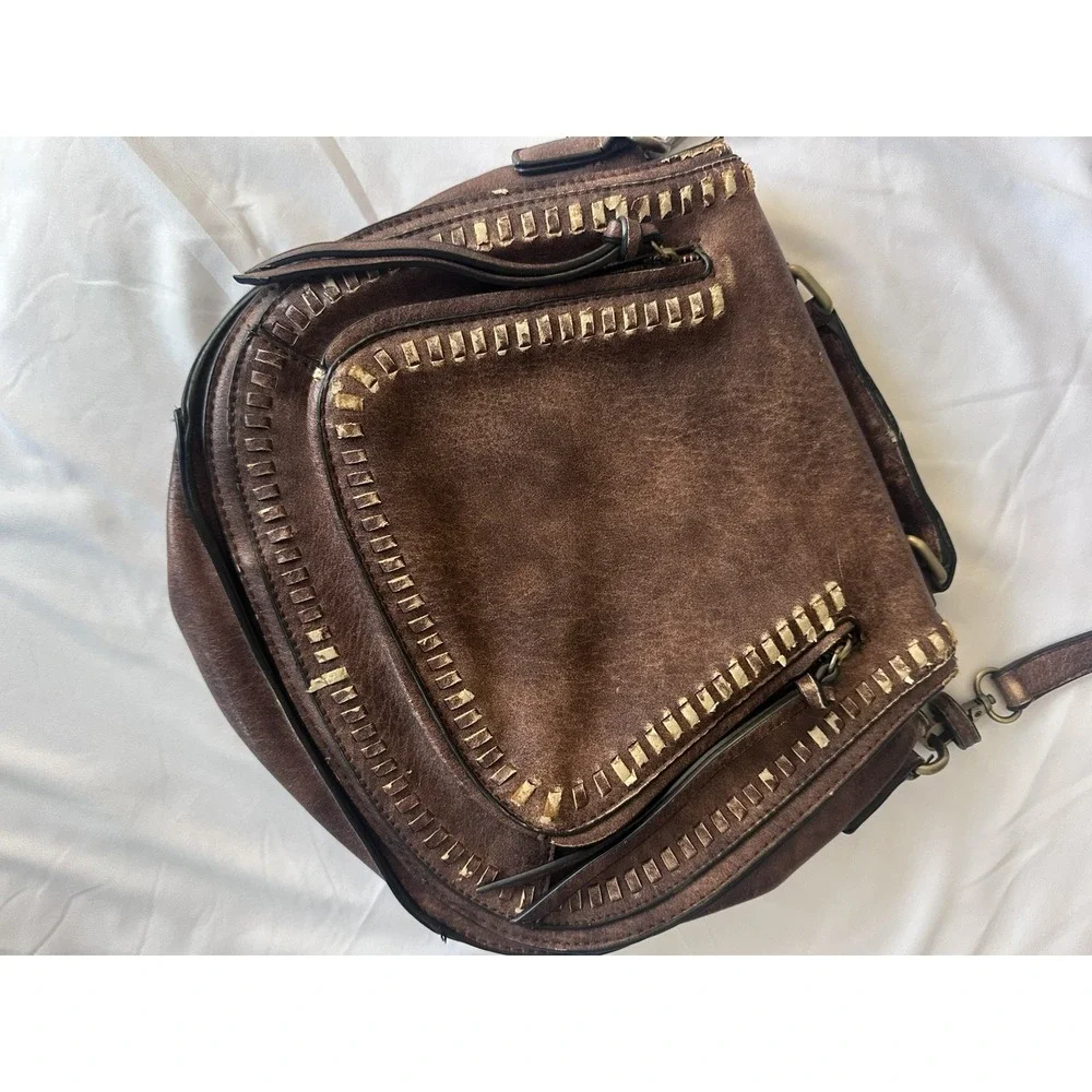 Madison West Women's Faux Leather Brown Saddle Bag‎ Purse with Adjustable Strap